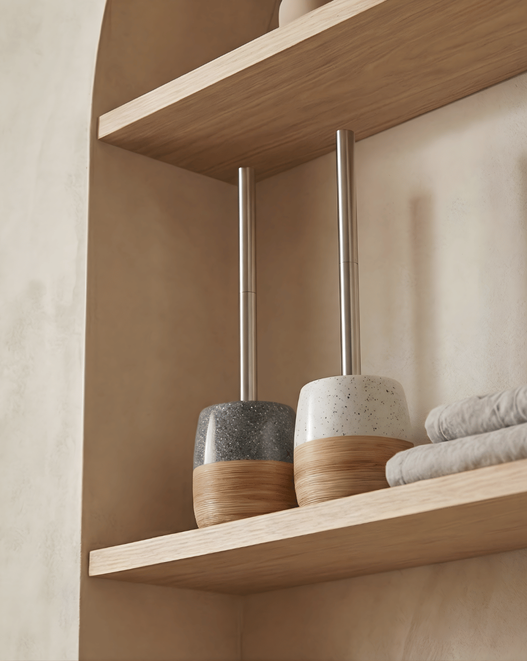 Ceramic Toilet Brush Set – Wood-Texture Base – Stainless Steel Handle