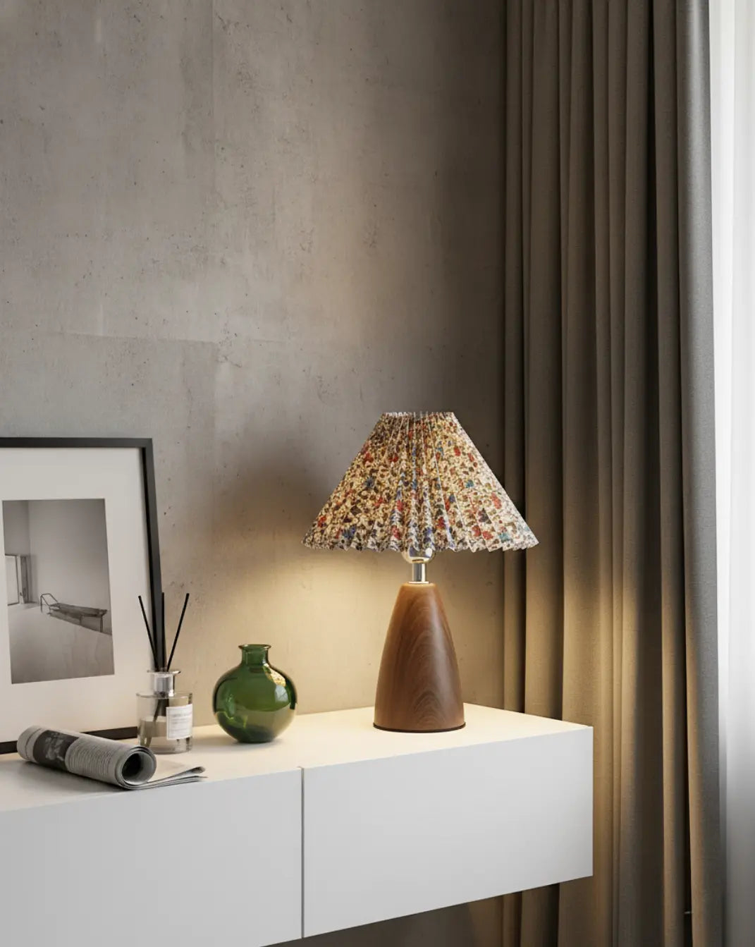 Fern Table Lamp in Ceramic Walnut Tone with White Fabric Shade, 30 cm