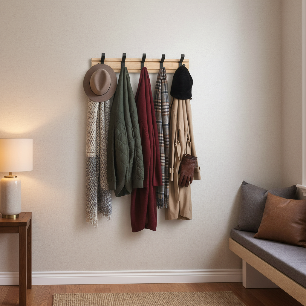 Wall-Mounted Bamboo Coat Rack, Modern Wooden Coat Rack with Aluminum Hooks