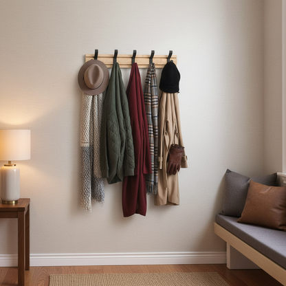 Wall-Mounted Bamboo Coat Rack, Modern Wooden Coat Rack with Aluminum Hooks