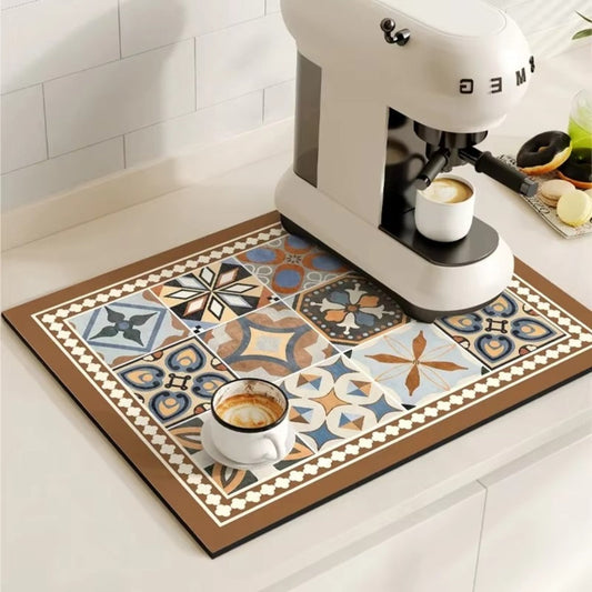 Absorbent retro tile design kitchen mat | Stylish dish drying mat for coffee stations 0
