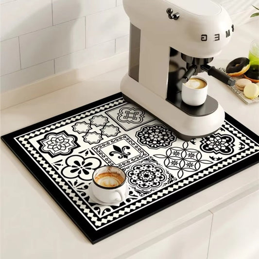 Absorbent retro tile design kitchen mat | Stylish dish drying mat for coffee stations 1