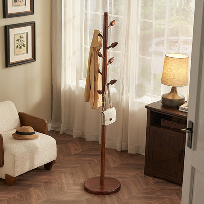 Rubber Wood Coat Rack Tree, Flower Bud Design, 8 Hooks