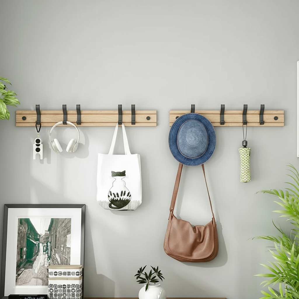 Wall-Mounted Bamboo Coat Rack, Modern Wooden Coat Rack with Aluminum Hooks