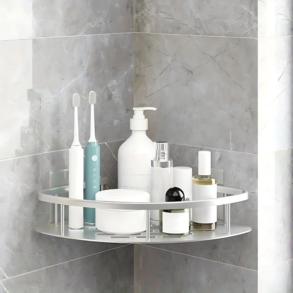 Contemporary aluminium shower caddy | Modern wall-mounted shower organizer with curved design 0