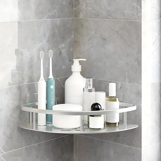 Contemporary aluminium shower caddy | Modern wall-mounted shower organizer with curved design 0