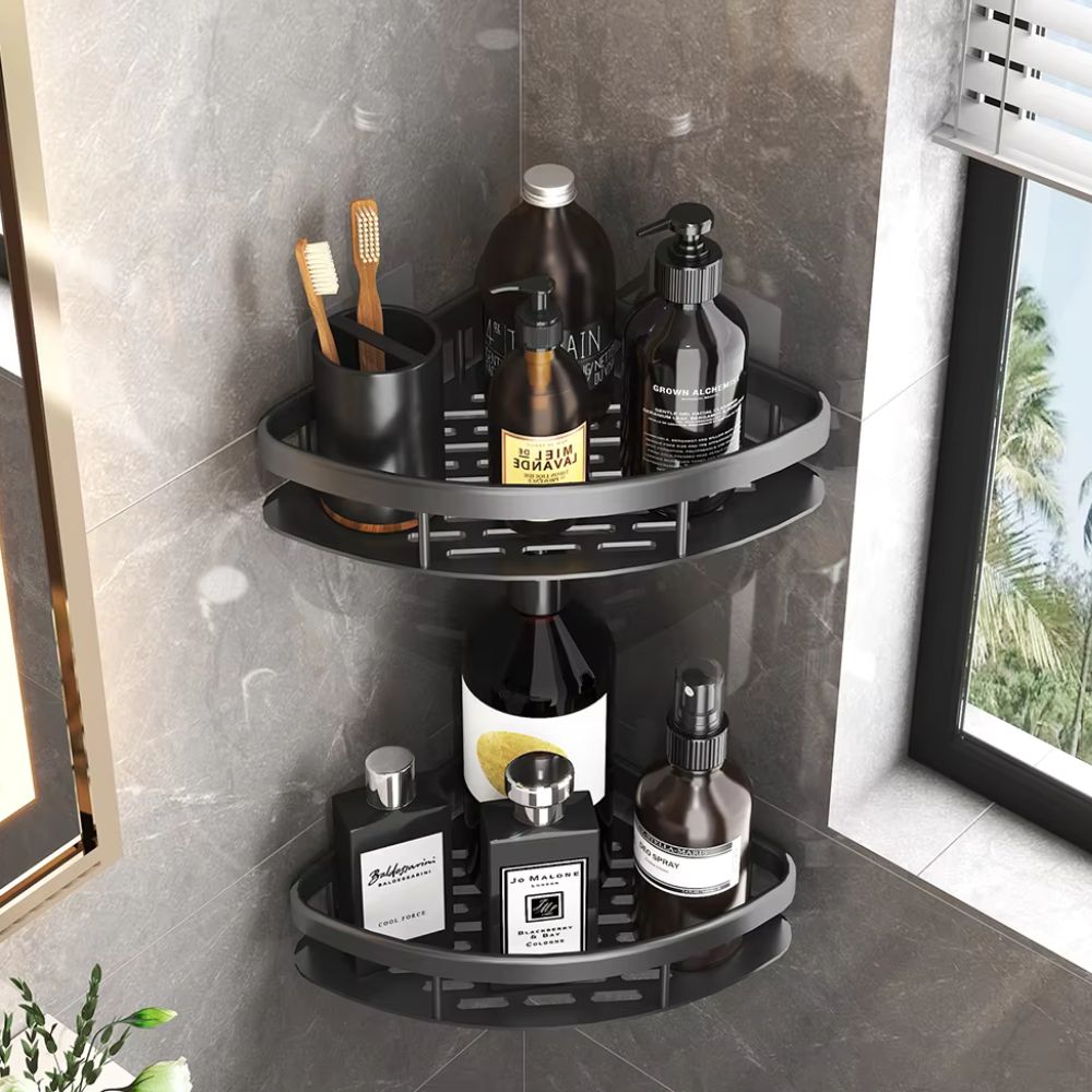 Contemporary aluminium shower caddy | Modern wall-mounted shower organizer with curved design 1