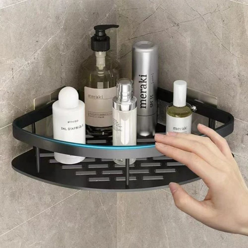 Contemporary aluminium shower caddy | Modern wall-mounted shower organizer with curved design 2