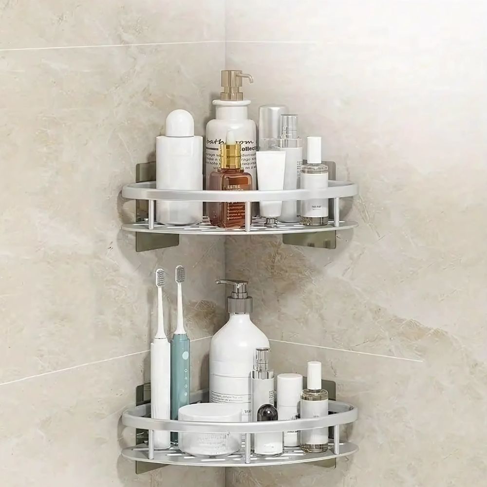 Contemporary aluminium shower caddy | Modern wall-mounted shower organizer with curved design 3