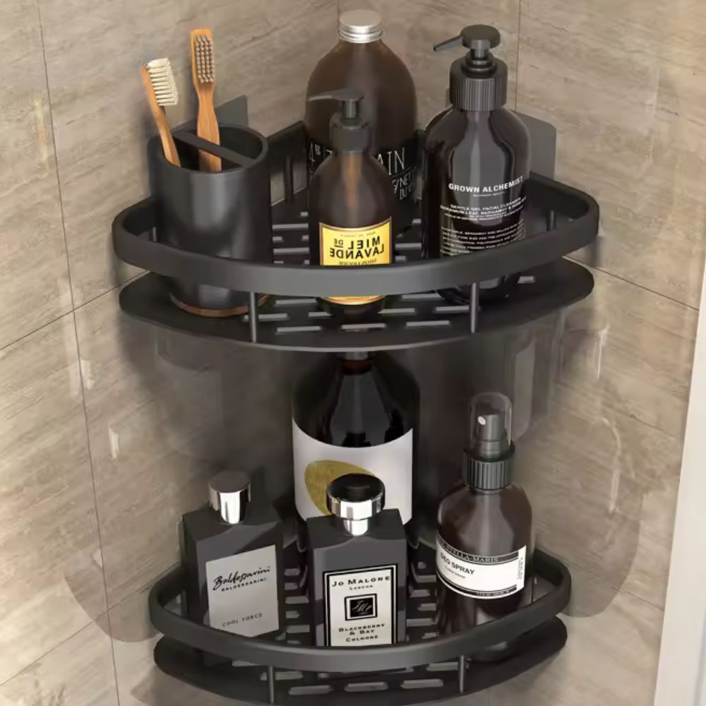 Contemporary aluminium shower caddy | Modern wall-mounted shower organizer with curved design 5