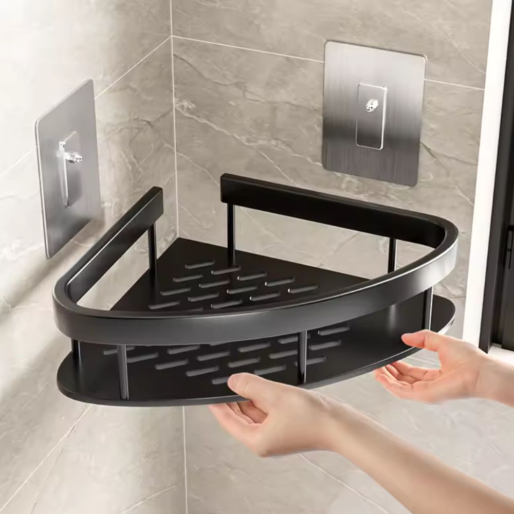 Contemporary aluminium shower caddy | Modern wall-mounted shower organizer with curved design 6