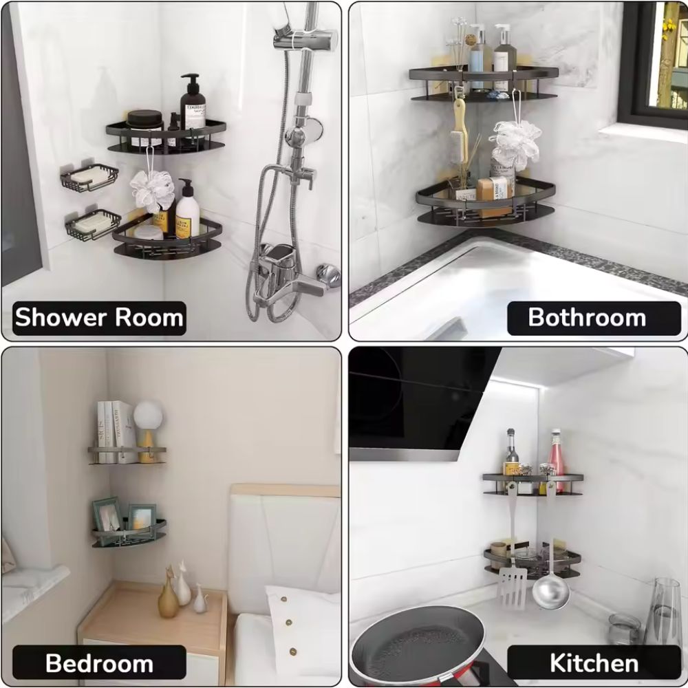 Contemporary aluminium shower caddy | Modern wall-mounted shower organizer with curved design 7