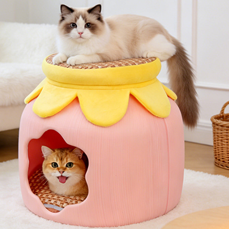 Flower-Shaped Velvet Cat Bed, Faux Rattan Base