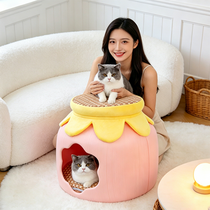 Flower-Shaped Velvet Cat Bed, Faux Rattan Base