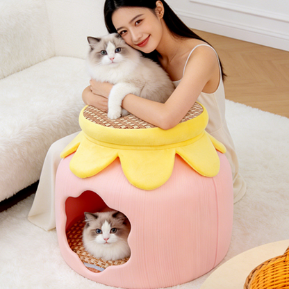 Flower-Shaped Velvet Cat Bed, Faux Rattan Base