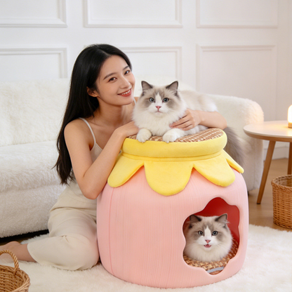 Flower-Shaped Velvet Cat Bed, Faux Rattan Base