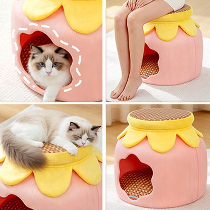 Flower-Shaped Velvet Cat Bed, Faux Rattan Base