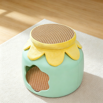 Flower-Shaped Velvet Cat Bed, Faux Rattan Base