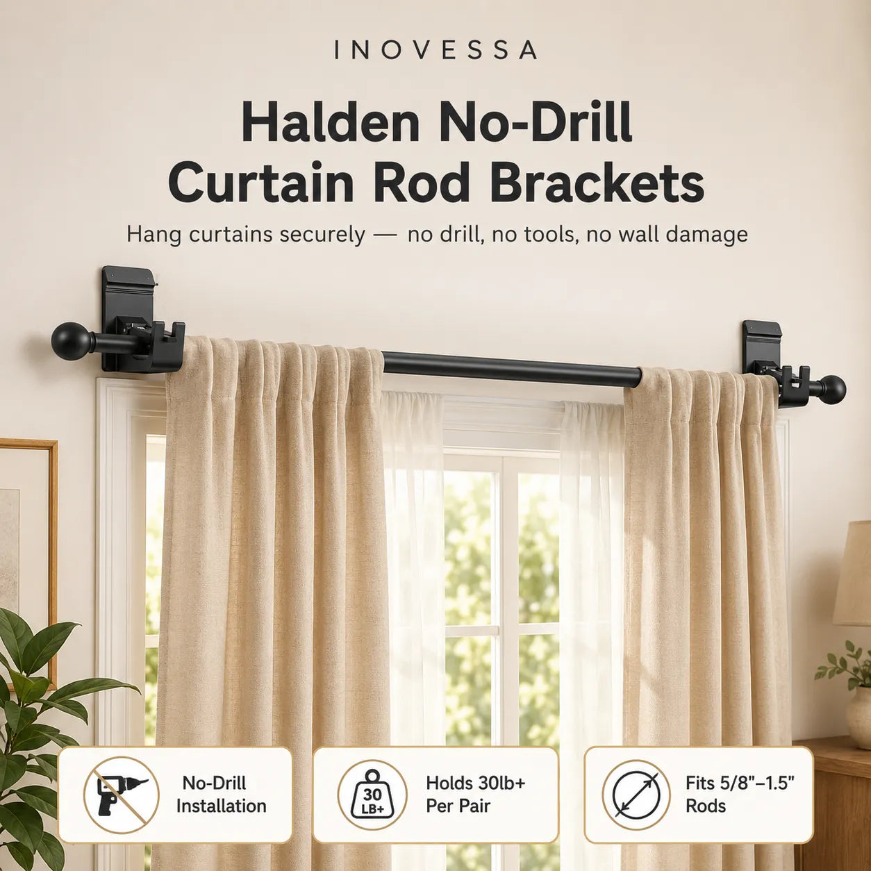Halden No-Drill Curtain Rod Brackets