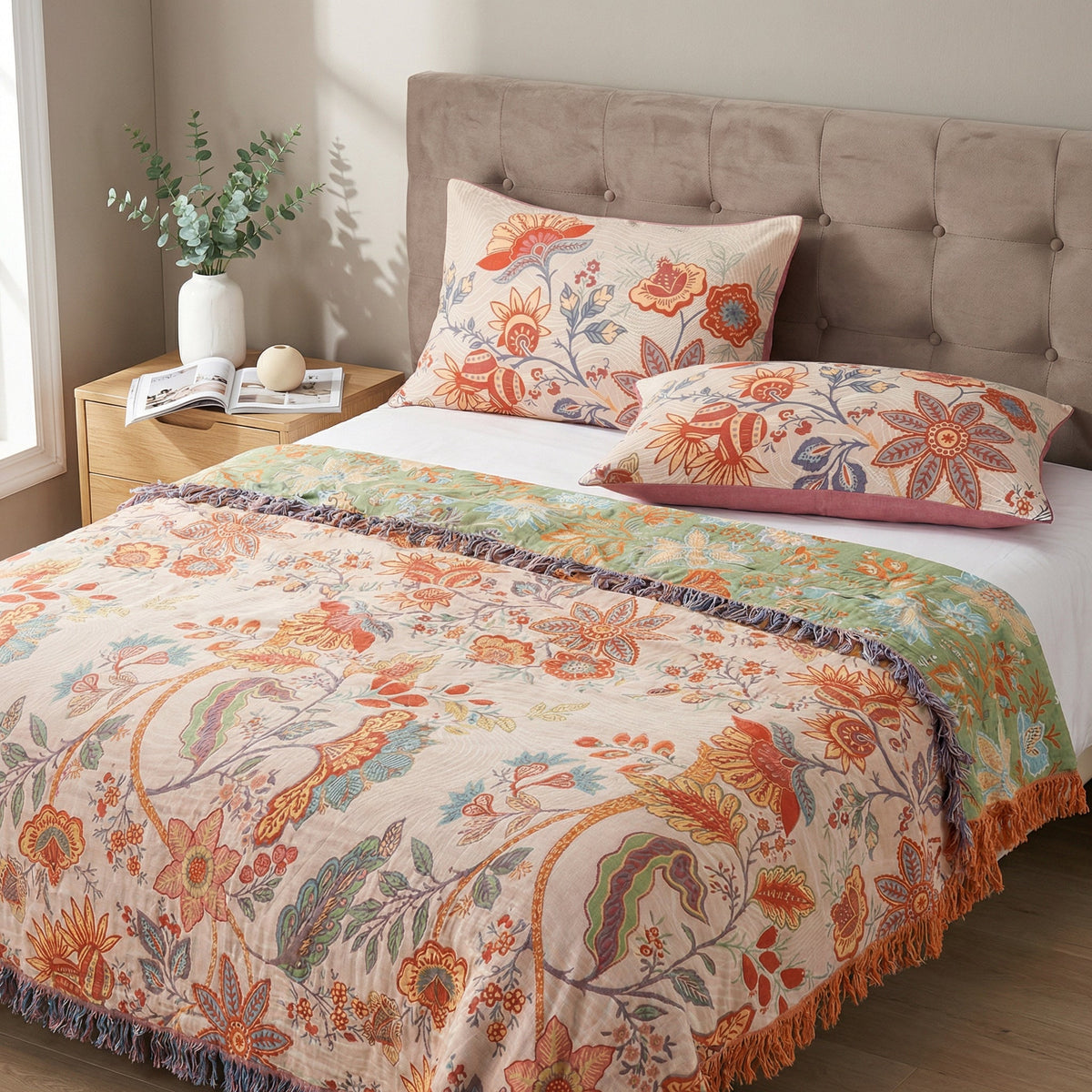 Rustic Floral Boho Pillowcases, 100% Cotton, Set of 2