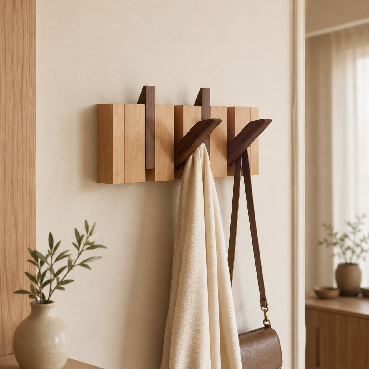 Wall mount shelf with hooks | Elegant wooden wall-mounted rack for coats and bags 1