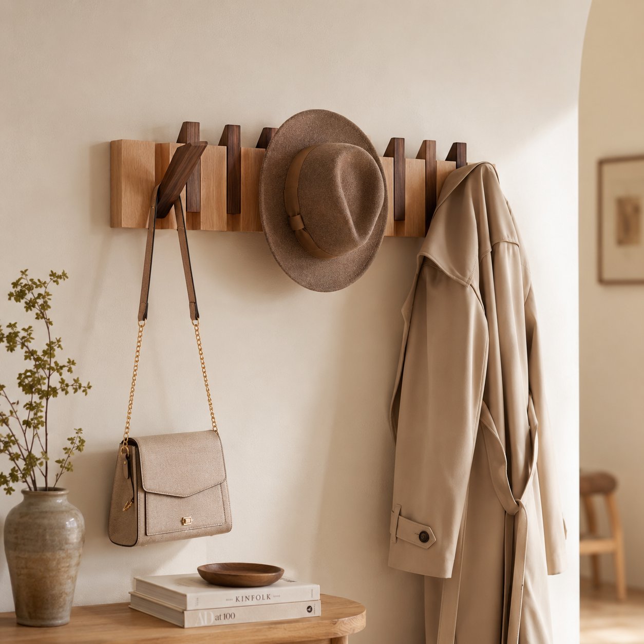Wall mount shelf with hooks | Elegant wooden wall-mounted rack for coats and bags 2