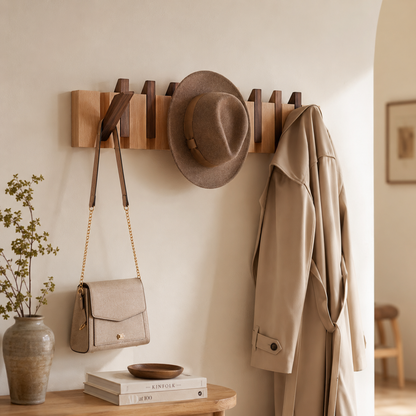 Wall mount shelf with hooks | Elegant wooden wall-mounted rack for coats and bags 2