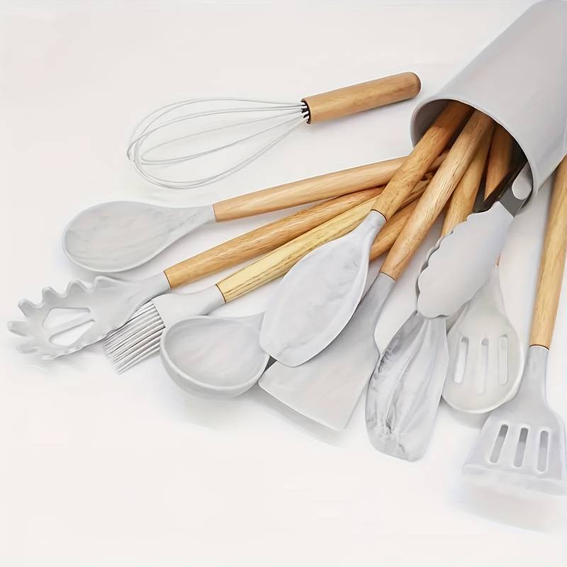 12-Piece Kitchen Utensil Set, Silicone with Wood Accent, Heat-Resistant to 230°C, Non-Stick