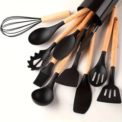 12-Piece Kitchen Utensil Set, Silicone with Wood Accent, Heat-Resistant to 230°C, Non-Stick