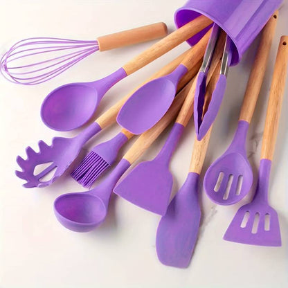 12-Piece Kitchen Utensil Set, Silicone with Wood Accent, Heat-Resistant to 230°C, Non-Stick