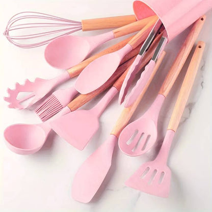12-Piece Kitchen Utensil Set, Silicone with Wood Accent, Heat-Resistant to 230°C, Non-Stick