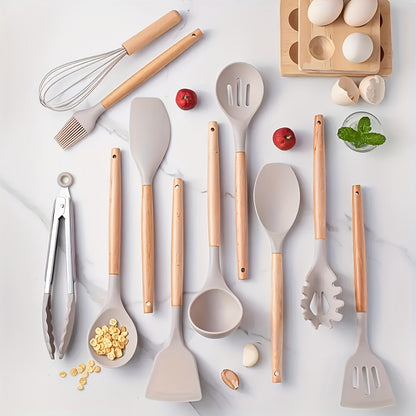 12-Piece Kitchen Utensil Set, Silicone with Wood Accent, Heat-Resistant to 230°C, Non-Stick