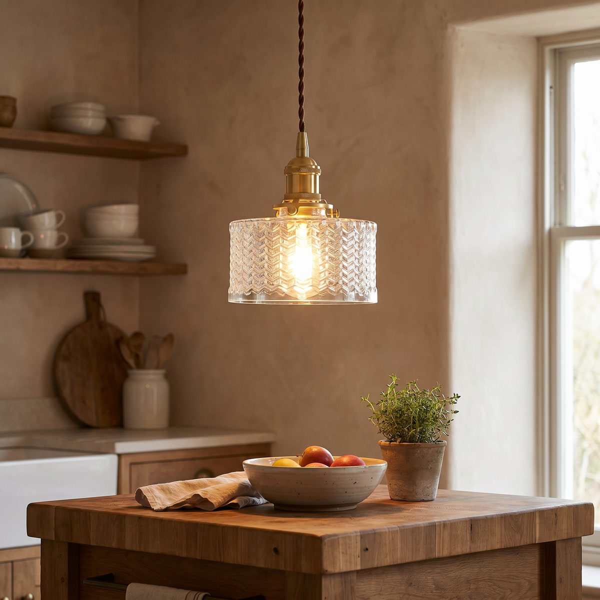 Glass Round Jar Pendant Light, Copper, E26, Clear or Green, Two Designs