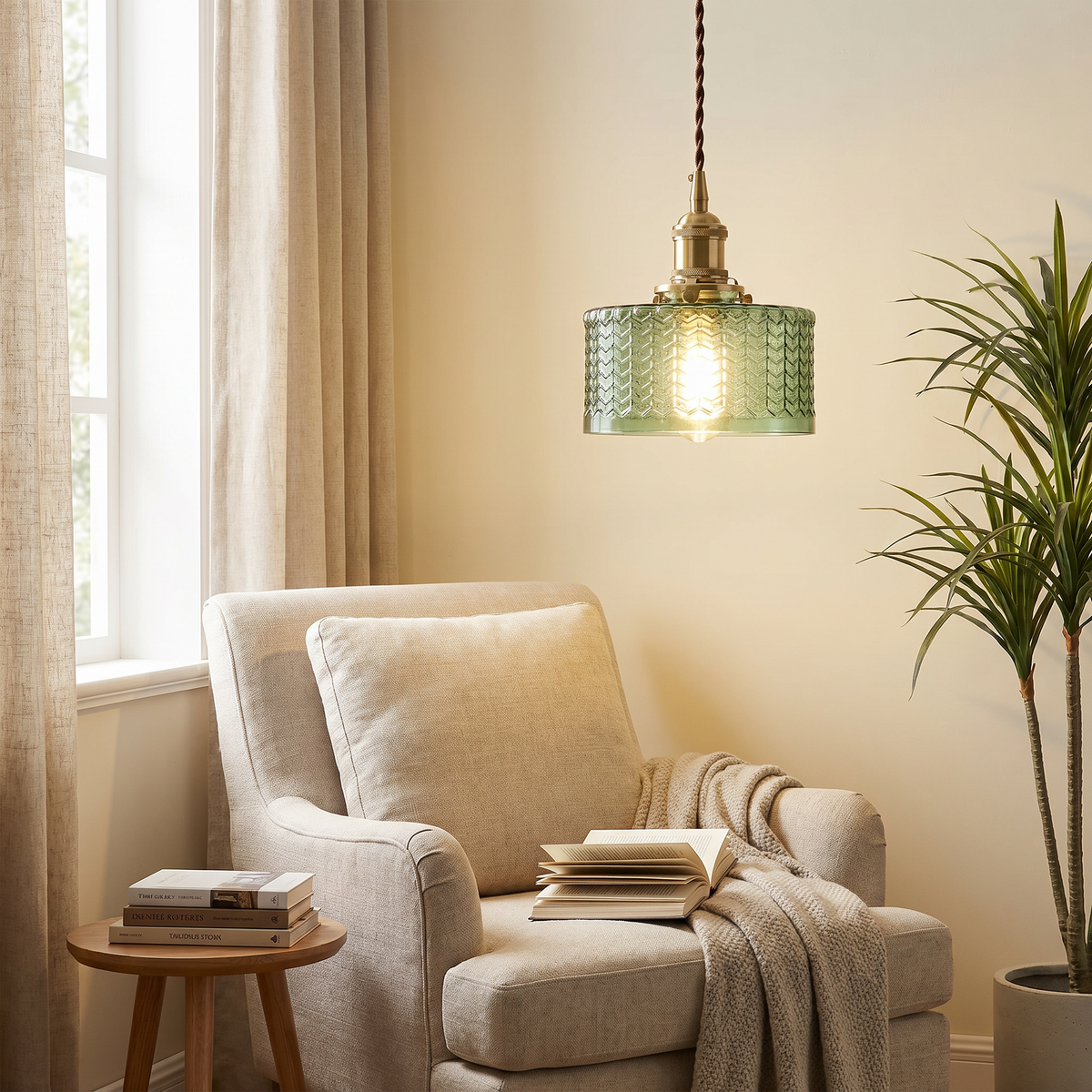 Glass Round Jar Pendant Light, Copper, E26, Clear or Green, Two Designs