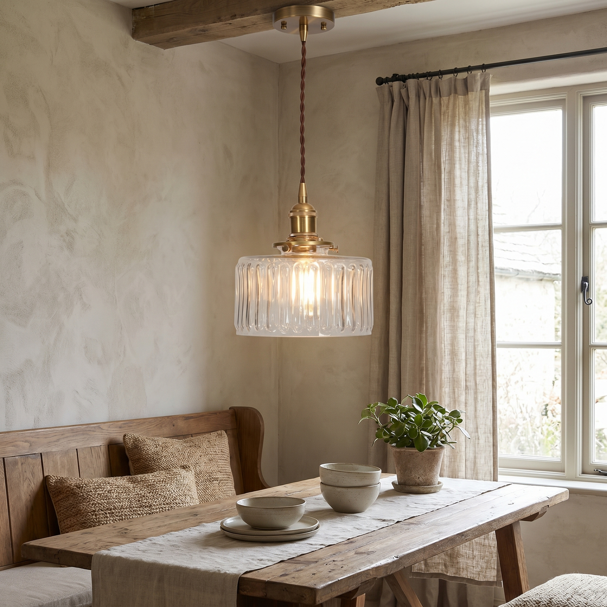 Glass Round Jar Pendant Light, Copper, E26, Clear or Green, Two Designs