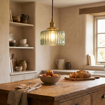 Glass Round Jar Pendant Light, Copper, E26, Clear or Green, Two Designs