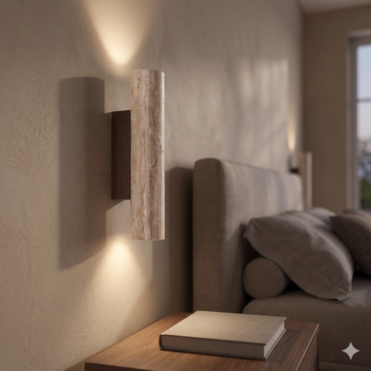 Bedroom Wall Lamp, LED Travertine Natural Stone, 28-32 cm, Warm White Up & Down Light