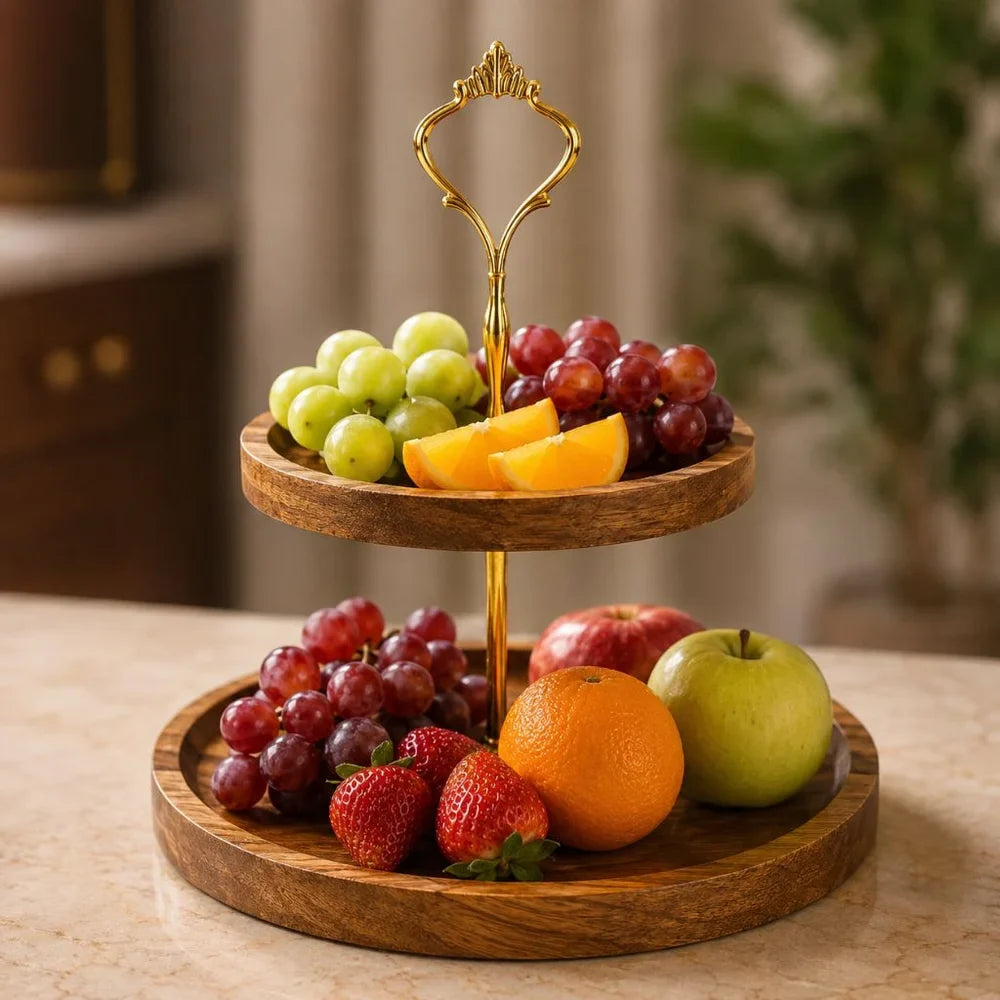Japanese Solid Wood Fruit Tray Two Tier Round Snack Plate