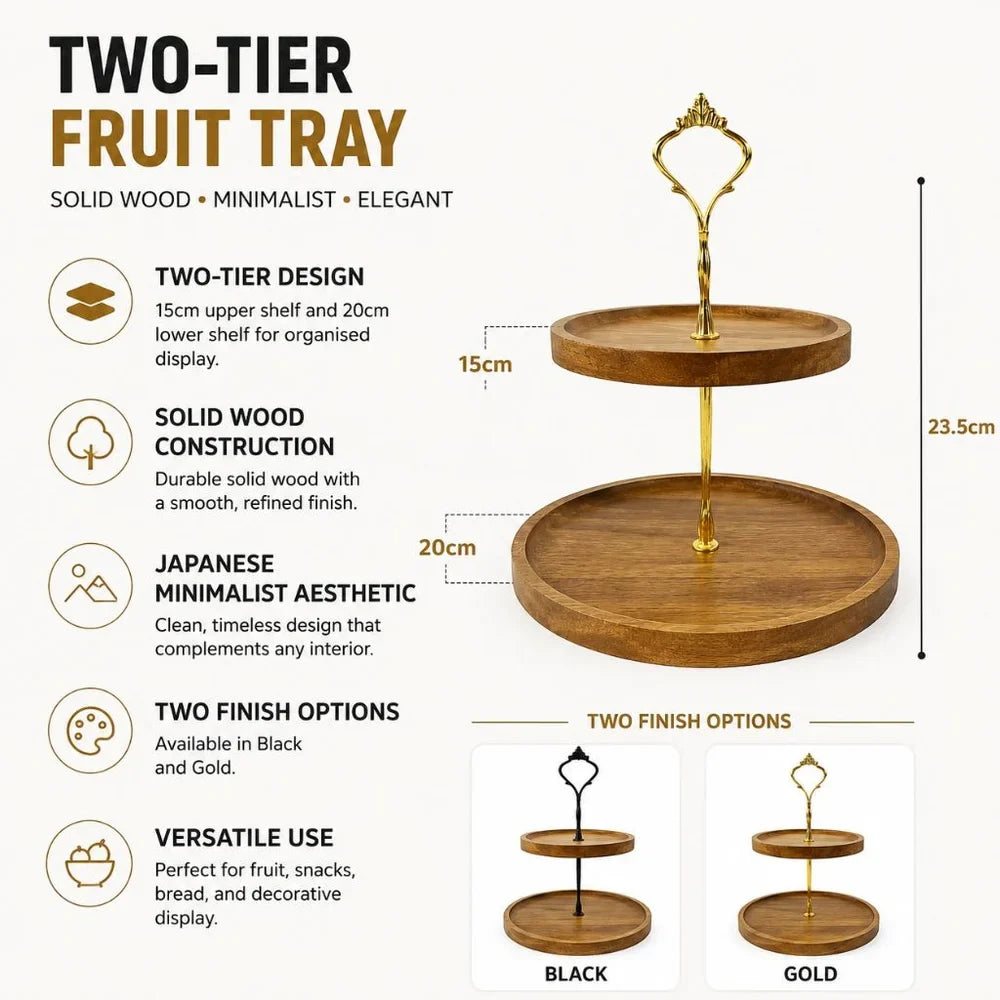 Japanese Solid Wood Fruit Tray Two Tier Round Snack Plate