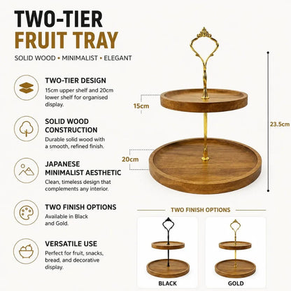 Japanese Solid Wood Fruit Tray Two Tier Round Snack Plate