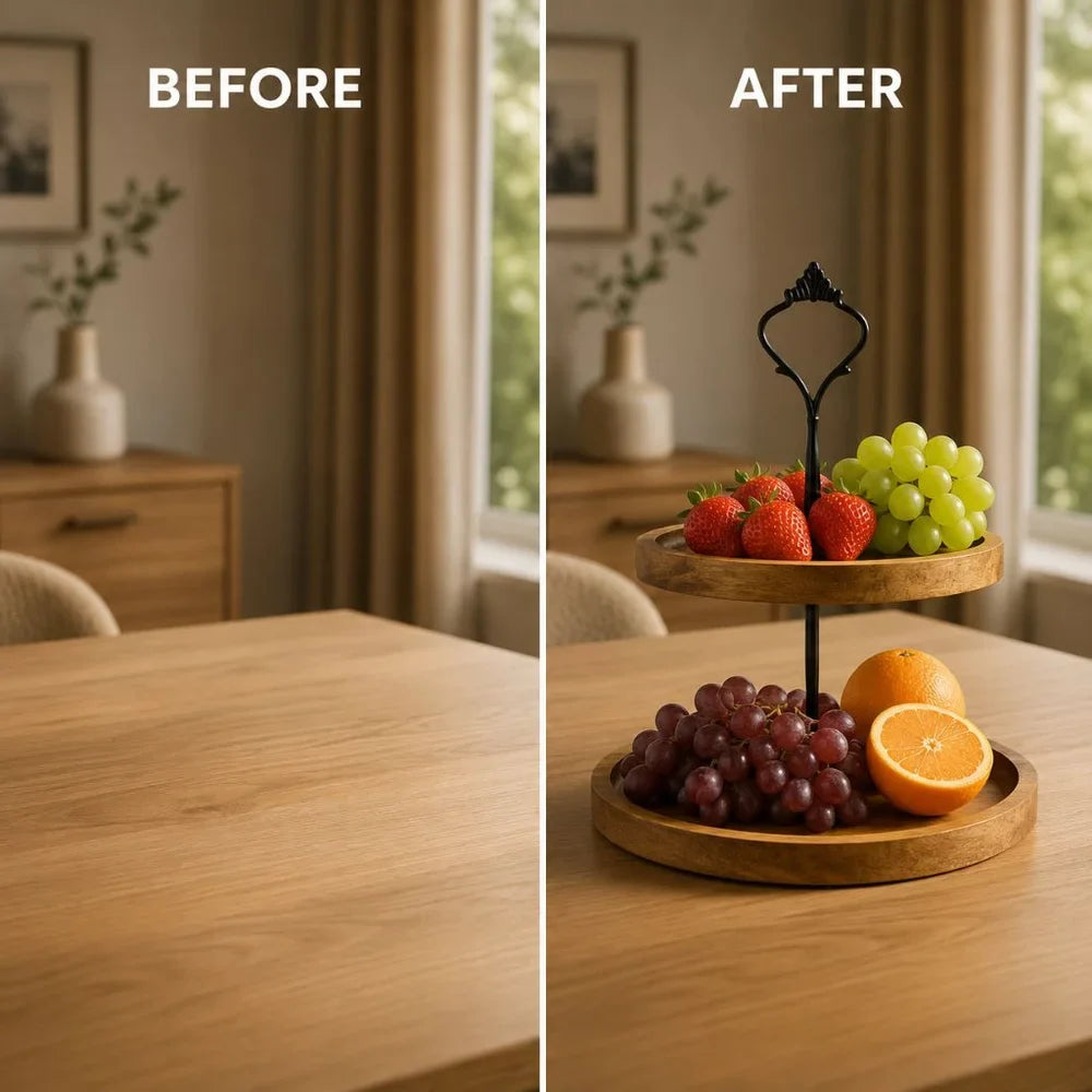 Japanese Solid Wood Fruit Tray Two Tier Round Snack Plate