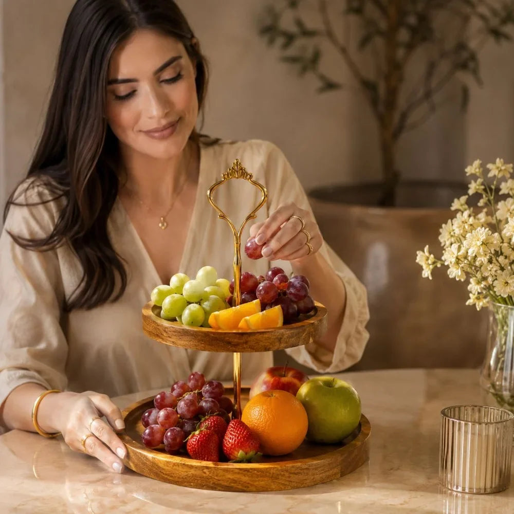 Japanese Solid Wood Fruit Tray Two Tier Round Snack Plate