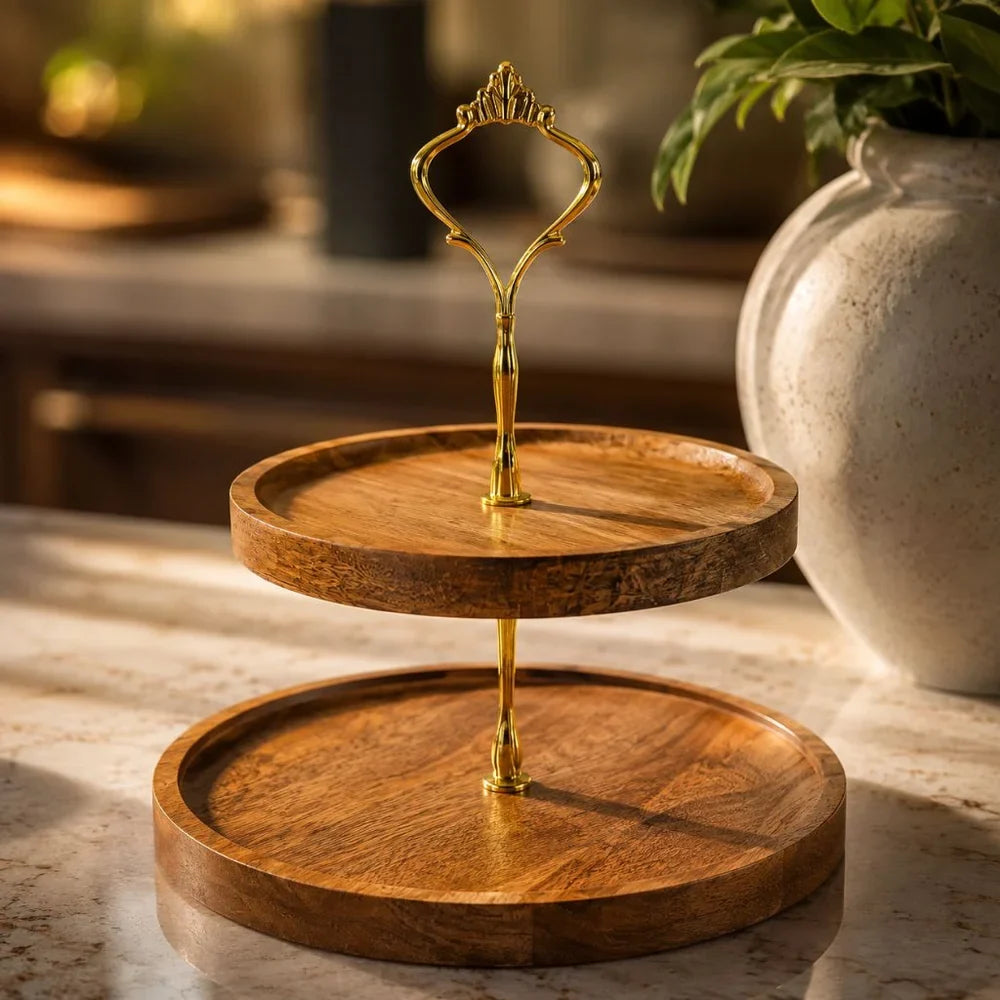 Japanese Solid Wood Fruit Tray Two Tier Round Snack Plate