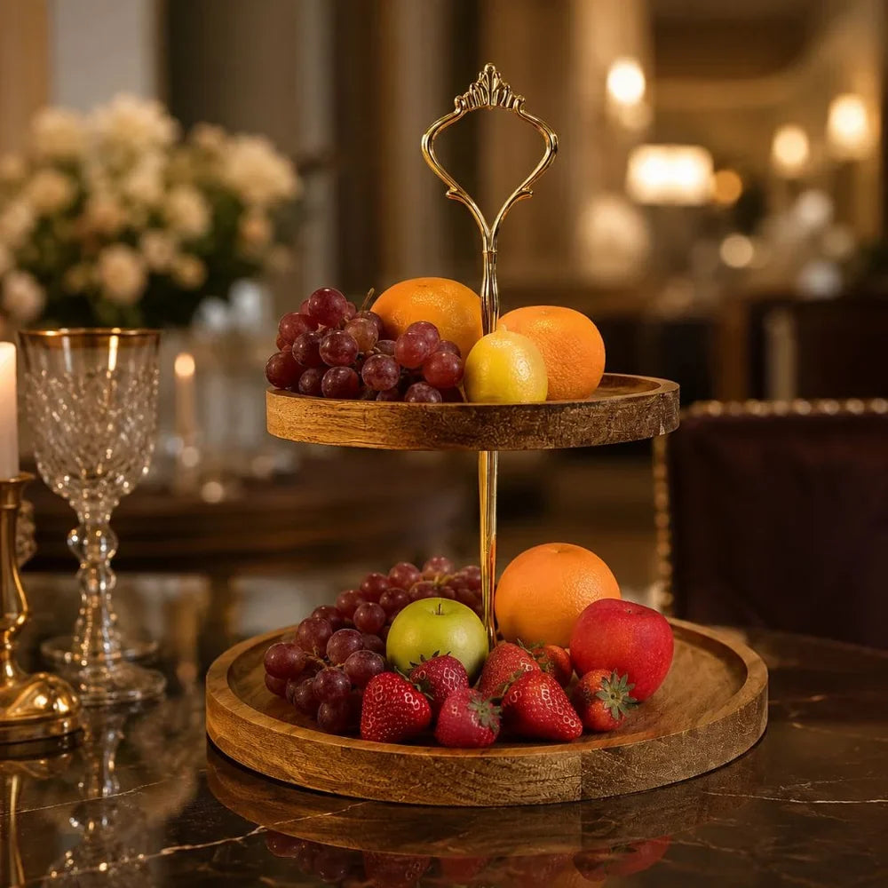 Japanese Solid Wood Fruit Tray Two Tier Round Snack Plate