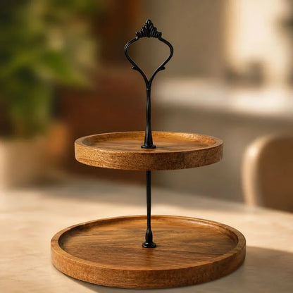 Japanese Solid Wood Fruit Tray Two Tier Round Snack Plate