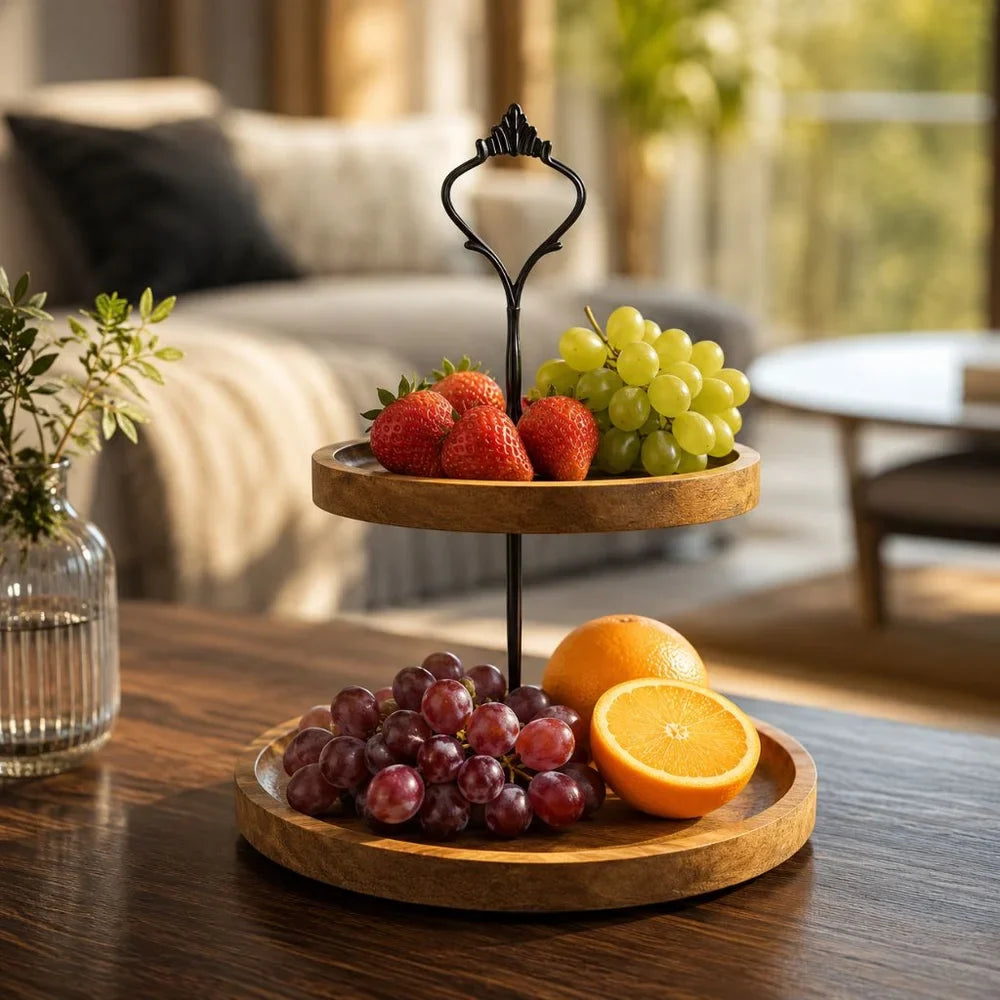 Japanese Solid Wood Fruit Tray Two Tier Round Snack Plate