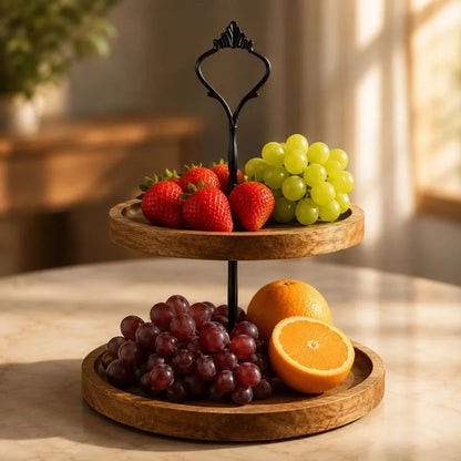 Japanese Solid Wood Fruit Tray Two Tier Round Snack Plate