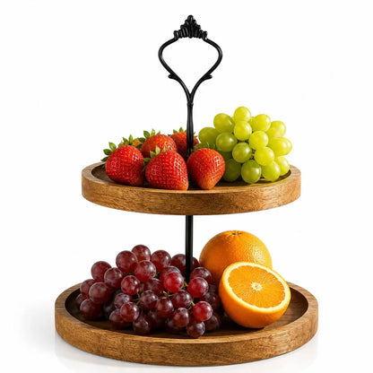 Japanese Solid Wood Fruit Tray Two Tier Round Snack Plate