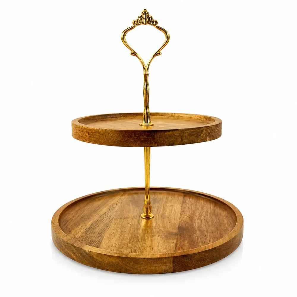 Japanese Solid Wood Fruit Tray Two Tier Round Snack Plate