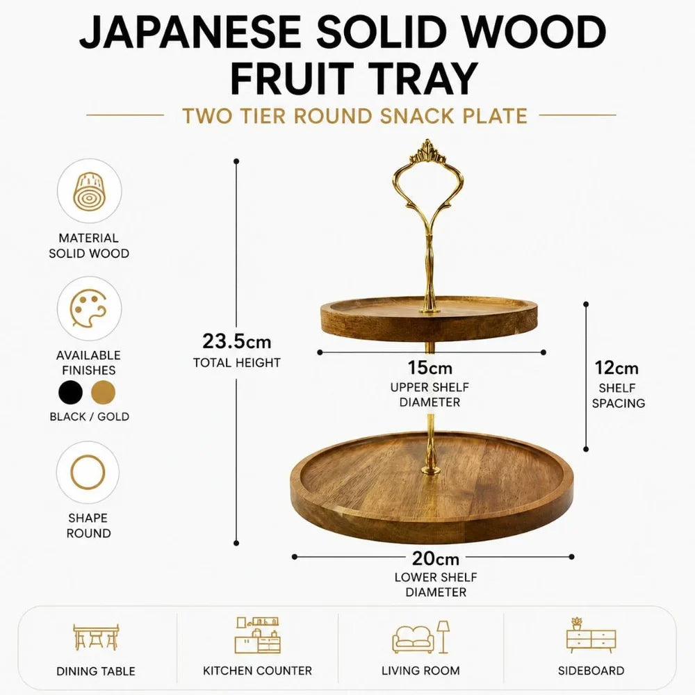 Japanese Solid Wood Fruit Tray Two Tier Round Snack Plate